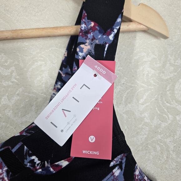 Livi Max Support Underwire Bra sz 40DD Black Blue Geo Print High Impact NEW - Picture 2 of 9